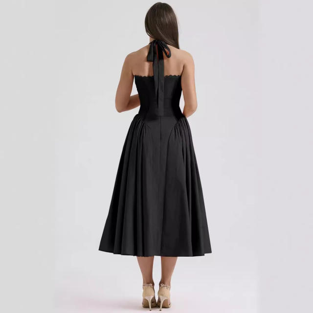 Summer elegant plain color floral pattern halter neck maxi dress
