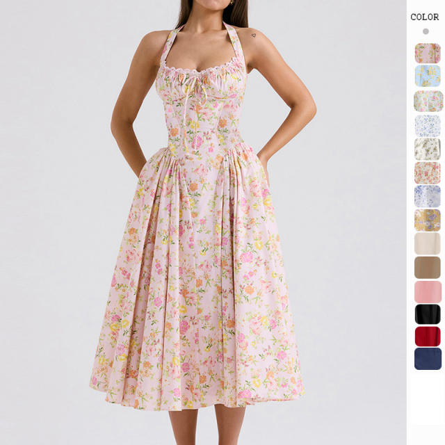 Summer elegant plain color floral pattern halter neck maxi dress