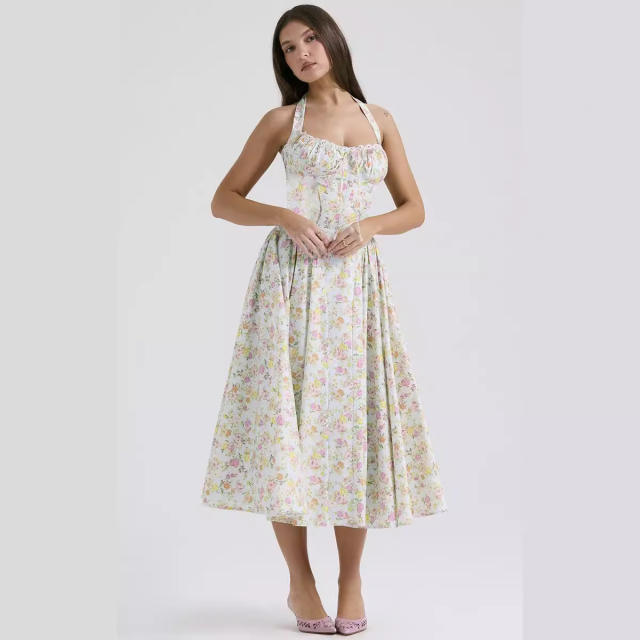 Summer elegant plain color floral pattern halter neck maxi dress