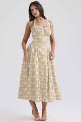 Summer elegant plain color floral pattern halter neck maxi dress