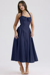 Summer elegant plain color floral pattern halter neck maxi dress