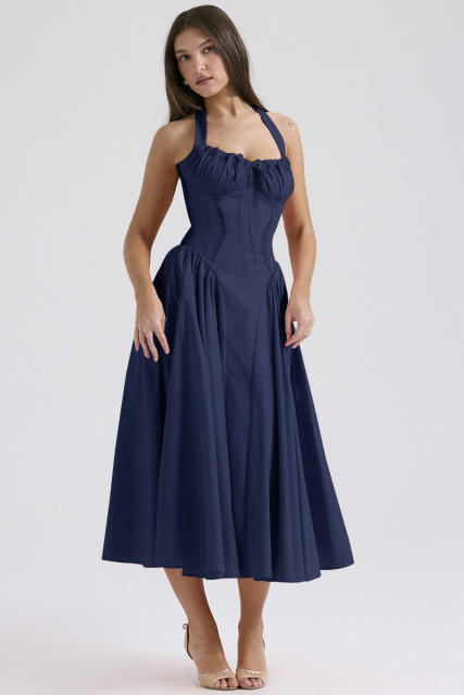 Summer elegant plain color floral pattern halter neck maxi dress