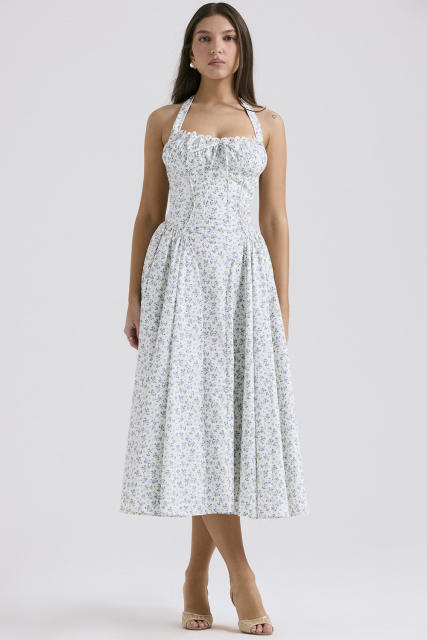 Summer elegant plain color floral pattern halter neck maxi dress
