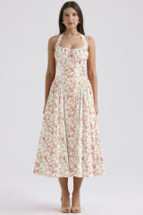 Summer elegant plain color floral pattern halter neck maxi dress