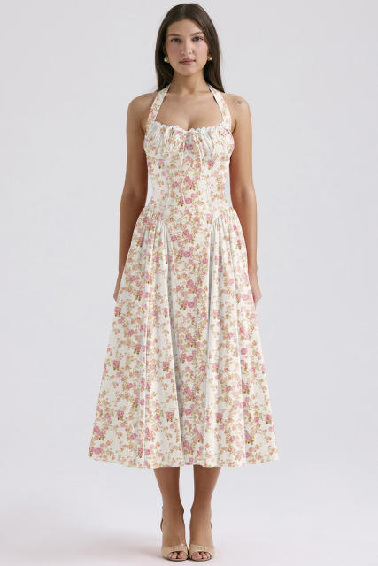 Summer elegant plain color floral pattern halter neck maxi dress