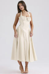 Summer elegant plain color floral pattern halter neck maxi dress