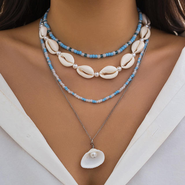 Boho ocean series clay bead shell starfish pendant layer necklace