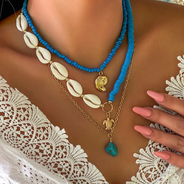 Boho ocean series clay bead shell starfish pendant layer necklace