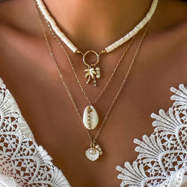 Boho ocean series clay bead shell starfish pendant layer necklace