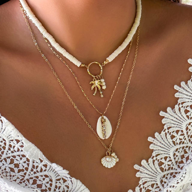 Boho ocean series clay bead shell starfish pendant layer necklace