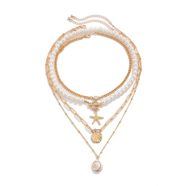 Boho ocean series clay bead shell starfish pendant layer necklace