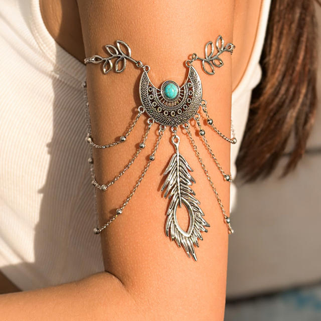 Boho truquoise bead chain tassel alloy arm bangle