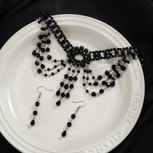 Gothic trend black crystal bead choker necklace set