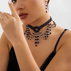 Gothic trend black crystal bead choker necklace set