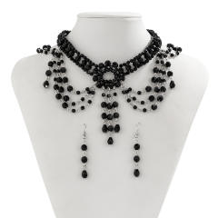 Gothic trend black crystal bead choker necklace set