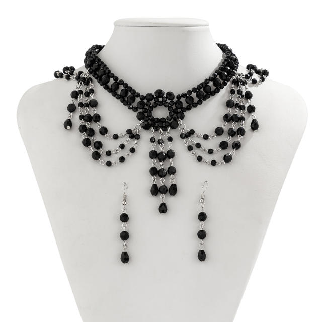 Gothic trend black crystal bead choker necklace set