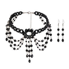 Gothic trend black crystal bead choker necklace set