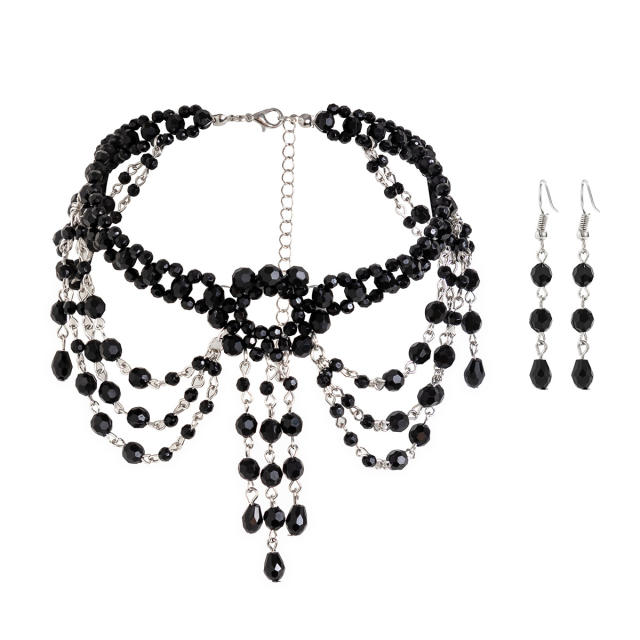 Gothic trend black crystal bead choker necklace set