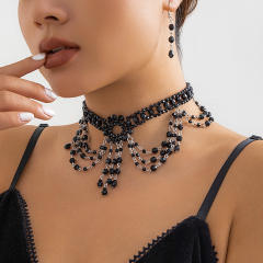 Gothic trend black crystal bead choker necklace set