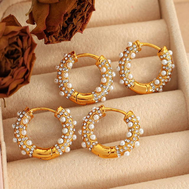 Elegant pearl beaded stainless steel small hoop earrings