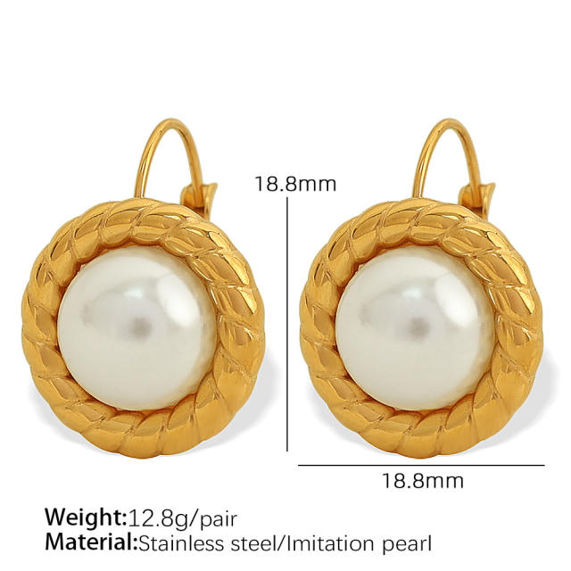 18KG vintage tiger eye imitation pearl button shape stainless steel earrings