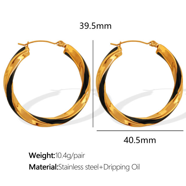 Boho color enamel twisted big hoop stainless steel earrings