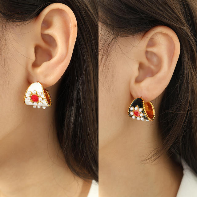 Vintage white black enamel flower chunky stainless steel earrings