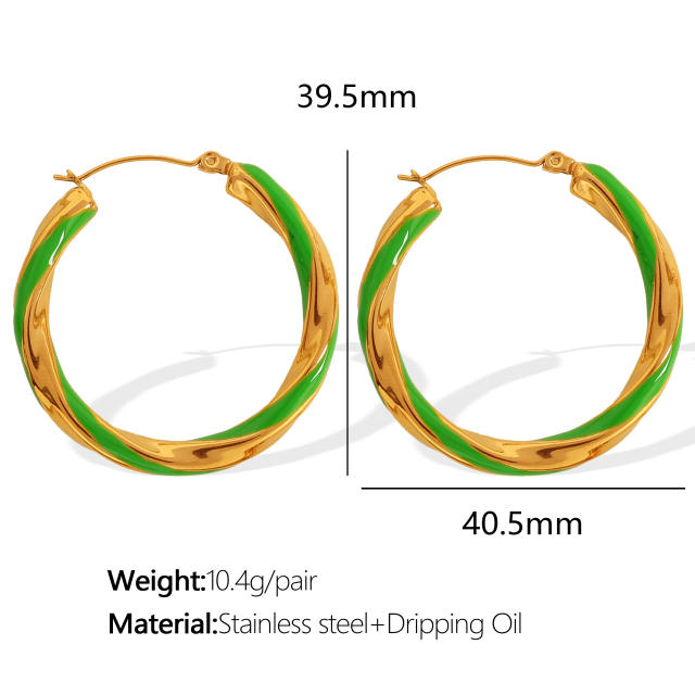 Boho color enamel twisted big hoop stainless steel earrings
