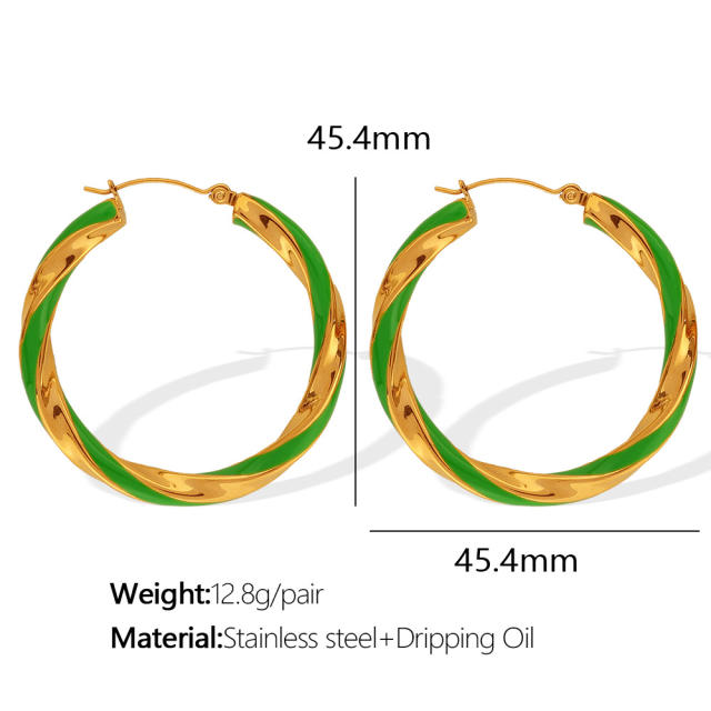 Boho color enamel twisted big hoop stainless steel earrings