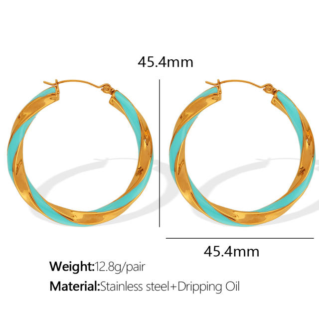 Boho color enamel twisted big hoop stainless steel earrings