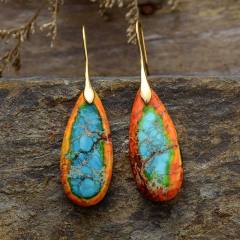 Boho color oval natural stone dangle earrings