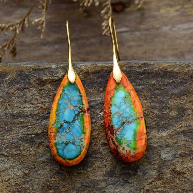 Boho color oval natural stone dangle earrings