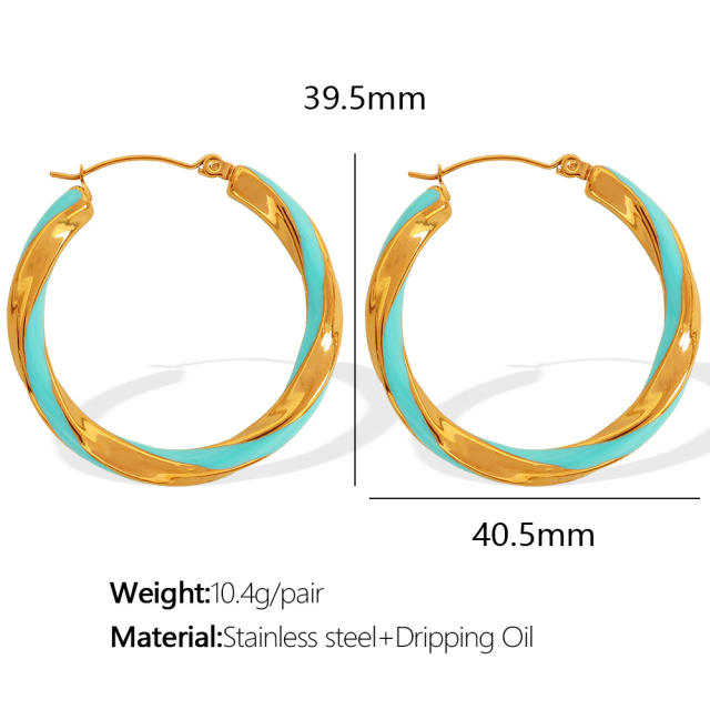 Boho color enamel twisted big hoop stainless steel earrings