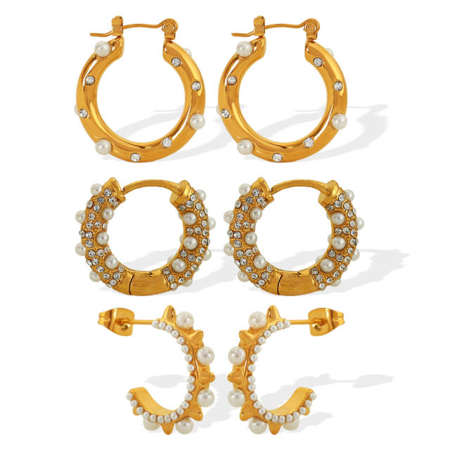 Elegant pearl beaded stainless steel small hoop earrings