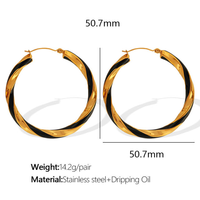 Boho color enamel twisted big hoop stainless steel earrings