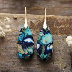 Boho color oval natural stone dangle earrings