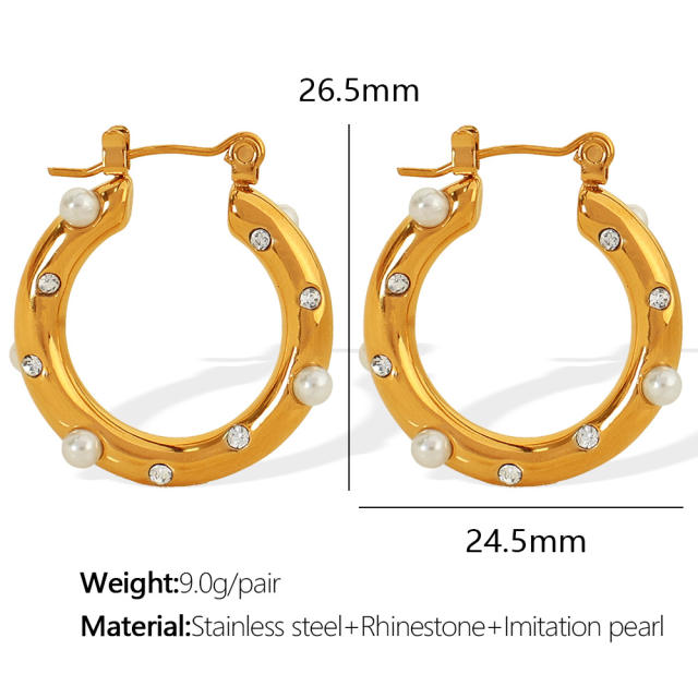 Elegant pearl beaded stainless steel small hoop earrings