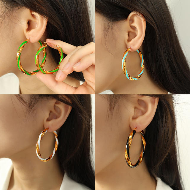 Boho color enamel twisted big hoop stainless steel earrings
