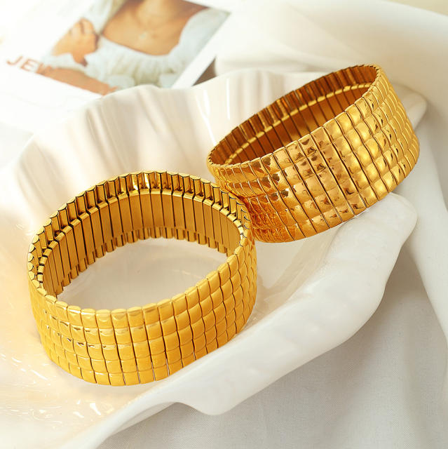 Chunky elastic stainless steel wide bangle bracelet