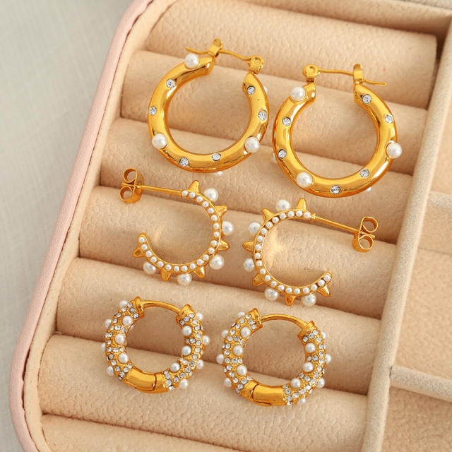 Elegant pearl beaded stainless steel small hoop earrings