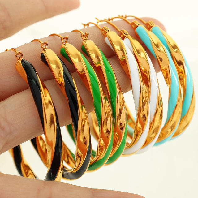 Boho color enamel twisted big hoop stainless steel earrings