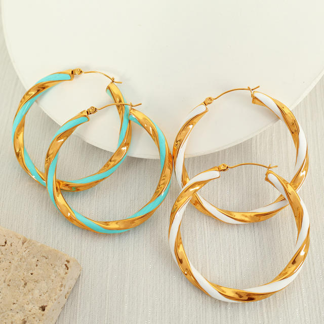 Boho color enamel twisted big hoop stainless steel earrings