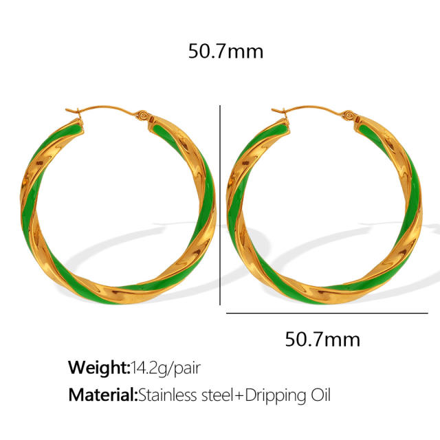 Boho color enamel twisted big hoop stainless steel earrings