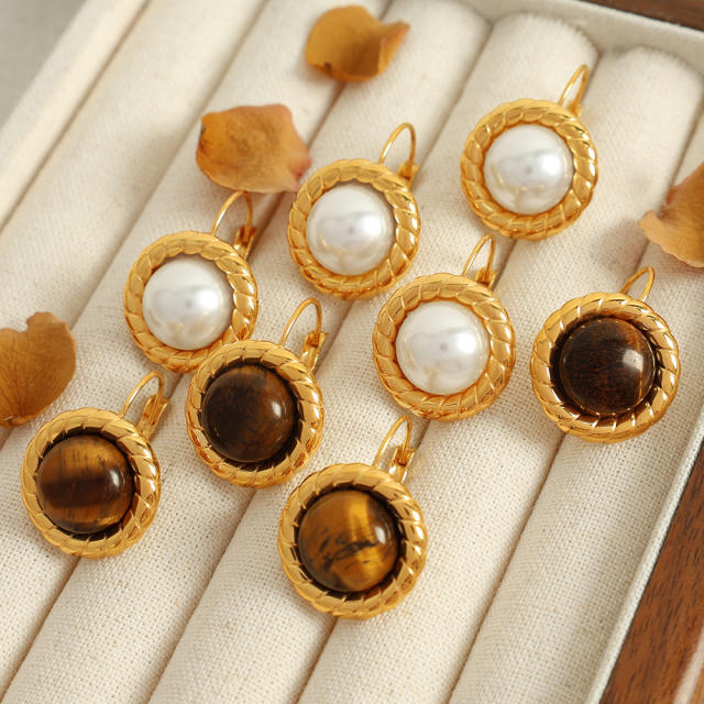 18KG vintage tiger eye imitation pearl button shape stainless steel earrings