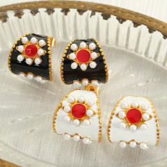 Vintage white black enamel flower chunky stainless steel earrings