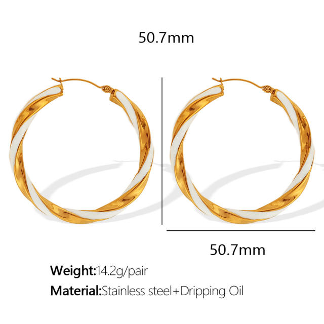 Boho color enamel twisted big hoop stainless steel earrings
