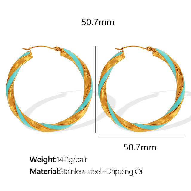 Boho color enamel twisted big hoop stainless steel earrings
