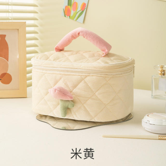 Sweet tulip flower Corduroy material women cosmetic bag