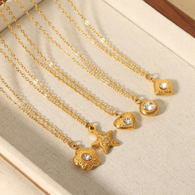 18KG dainty hammer pattern heart star flower pendant stainless steel necklace