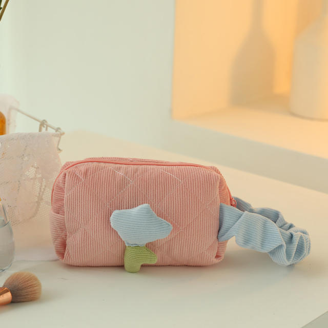 Sweet tulip flower Corduroy material women cosmetic bag